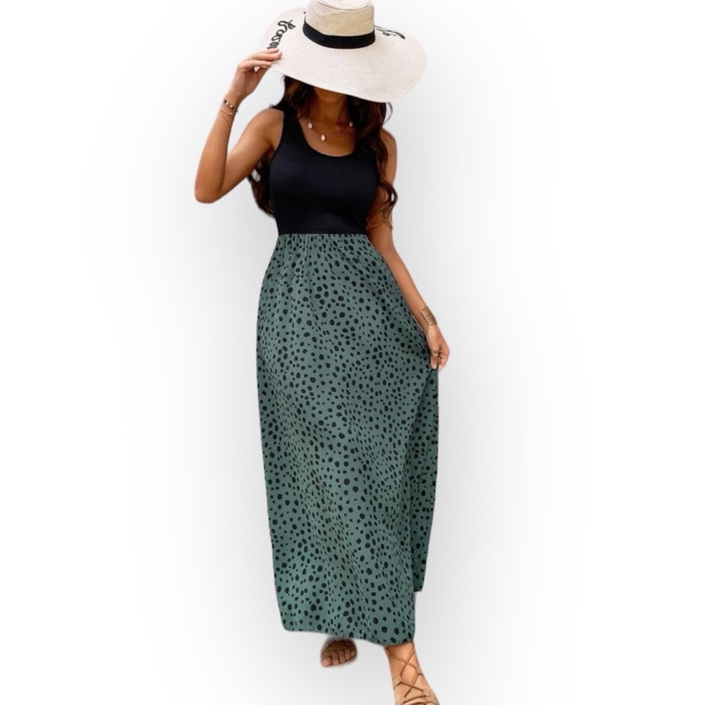 Dalmatian print dark green and black color block maxi dress